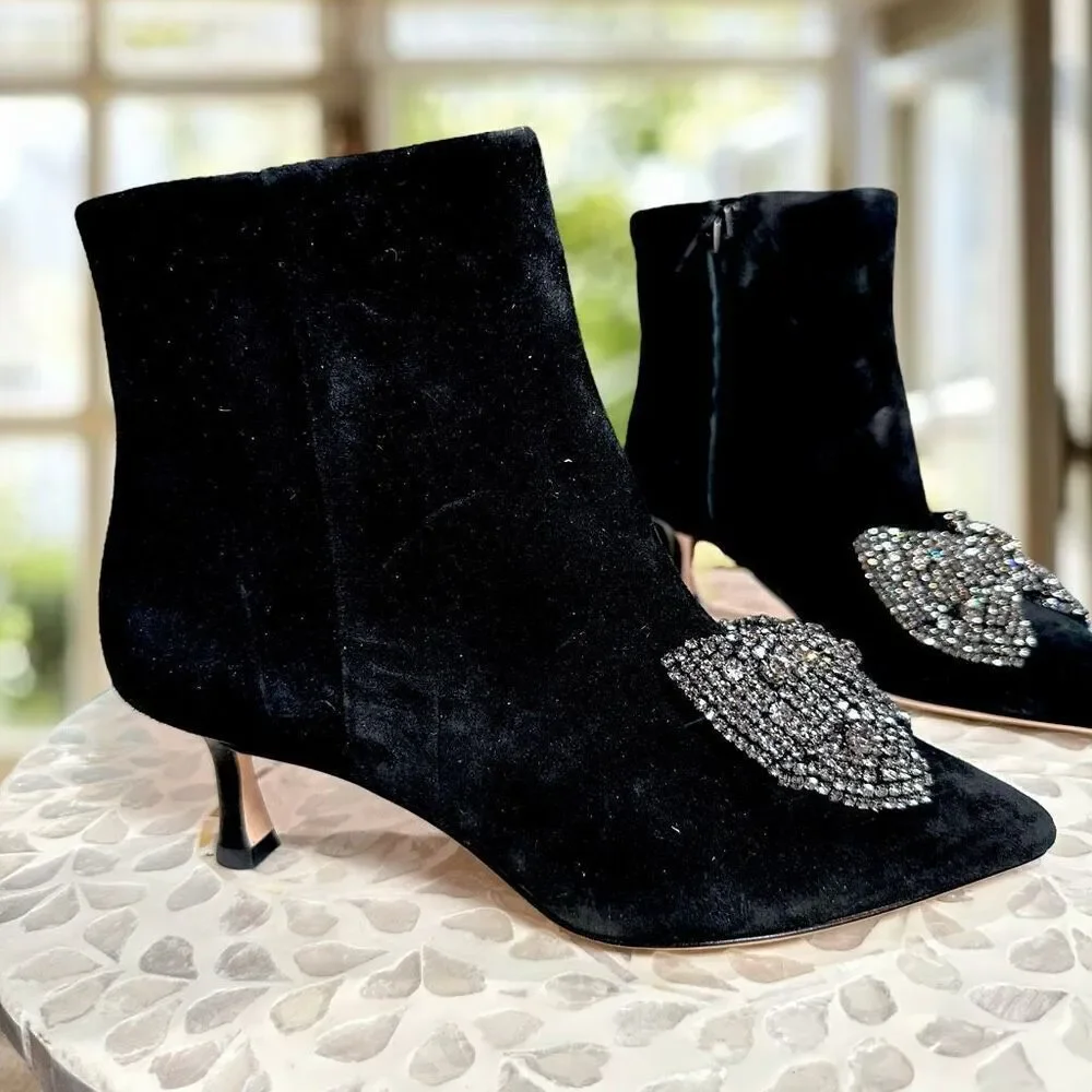 Tory Burch $498 Embellished Crystal Bow Leather Suede Ankle Booties Boots Shoes